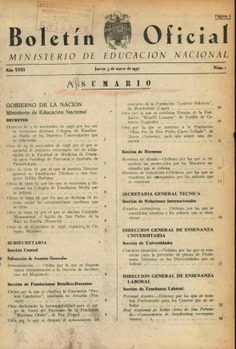 Boletín Oficial del Ministerio de Educación Nacional año 1957-1. Resoluciones Administrativas. Números del 1 al 51 más 1 número extraordinario e índice 2º semestre 1956