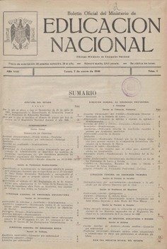 Boletín Oficial del Ministerio de Educación Nacional año 1946-1. Resoluciones Administrativas. Números del 1 al 25 e índice 1º semestre