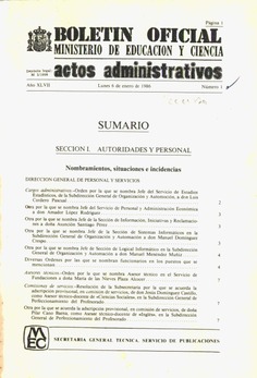 Boletín Oficial del Ministerio de Educación y Ciencia año 1986. Actos Administrativos. Números del 1 al 52 más 2 números extraordinarios e índice 4º trimestre 1985