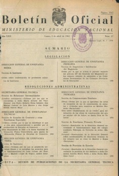 Boletín Oficial del Ministerio de Educación Nacional año 1961-2. Resoluciones Administrativas. Números del 27 al 52 e índice 2º trimestre