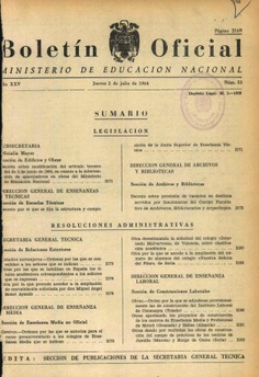 Boletín Oficial del Ministerio de Educación Nacional año 1964-3. Resoluciones Administrativas. Números del 53 al 78 e índice 3º trimestre
