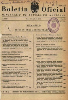 Boletín Oficial del Ministerio de Educación Nacional año 1963-3. Resoluciones Administrativas. Números del 52 al 78 e índice 3º trimestre