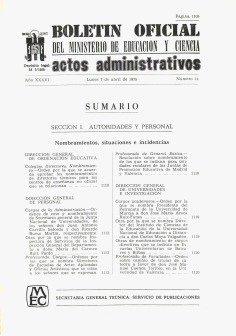 Boletín Oficial del Ministerio de Educación y Ciencia año 1975-2. Actos Administrativos. Números del 14 al 26 más 1 suplemento e índice 2º trimestre