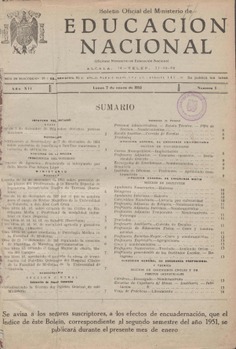 Boletín Oficial del Ministerio de Educación Nacional año 1952-1. Resoluciones Administrativas. Números del 1 al 26 e índice 1º semestre