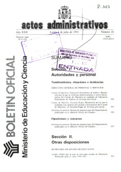 Boletín Oficial del Ministerio de Educación y Ciencia año 1991-3. Actos Administrativos. Números del 26 al 39 más 1 número extraordinario