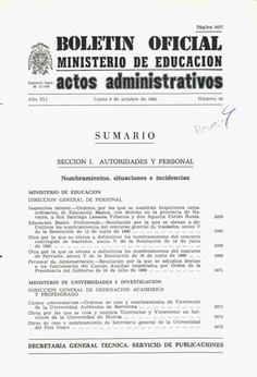 Boletín Oficial del Ministerio de Educación y Ciencia año 1980-4. Actos Administrativos. Números del 40 al 52 e índices 3º y 4º trimestres