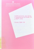 Calificaciones, por áreas o asignaturas en EGB, FP y BUP-COU. Curso 1992-93