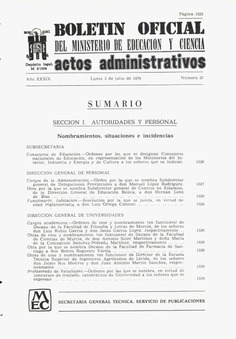 Boletín Oficial del Ministerio de Educación y Ciencia año 1978-3. Actos Administrativos. Números del 27 al 39 más 1 suplemento e índice 3º trimestre