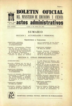 Boletín Oficial del Ministerio de Educación y Ciencia año 1972-1. Actos Administrativos. Números del 1 al 13 e índice 1º trimestre