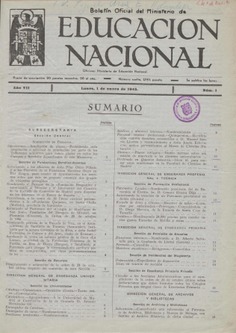 Boletín Oficial del Ministerio de Educación Nacional año 1945. Resoluciones Administrativas. Números del 1 al 53 e índice 1º semestre