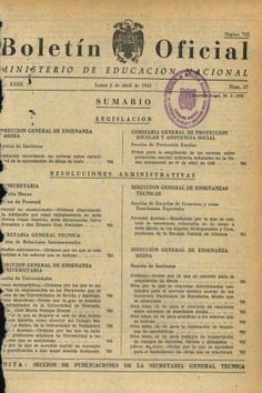 Boletín Oficial del Ministerio de Educación Nacional año 1962-2. Resoluciones Administrativas. Números del 27 al 52 e índice 2º trimestre