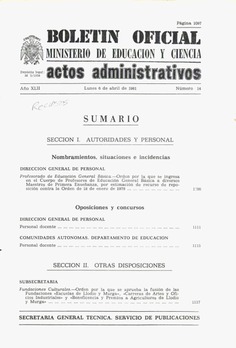 Boletín Oficial del Ministerio de Educación y Ciencia año 1981-2. Actos Administrativos. Números del 14 al 26 más 2 números extraordinarios e índice 1º trimestre