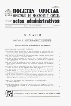 Boletín Oficial del Ministerio de Educación y Ciencia año 1983-1. Actos Administrativos. Números del 1 al 17 e índice 1º trimestre
