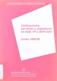 Calificaciones, por áreas o asignaturas en EGB, FP y BUP-COU. Curso 1995-96